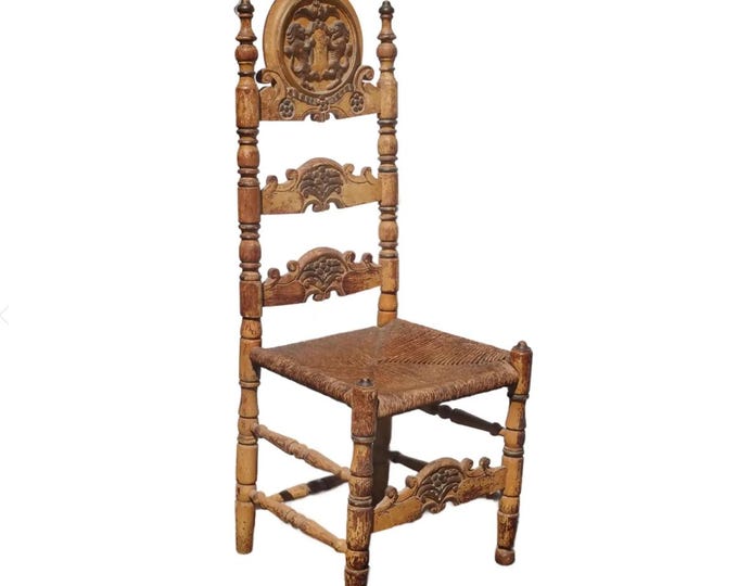 Vintage Spanish Belle Epoque Folk Art Rush Seat Ladderback Chair