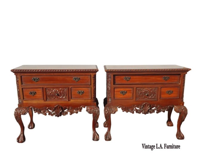 Pair Vintage 32" Tall French Chippendale Highly Carved Side Tables ~ Nightstands