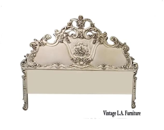 Vintage French Rococo Louis XVI Style Cream Ornate Queen Headboard