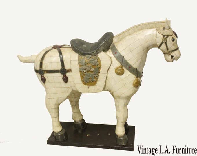 Large 29"H Vintage Mosaic Tessellated Asian Horse Statue on Wood Base