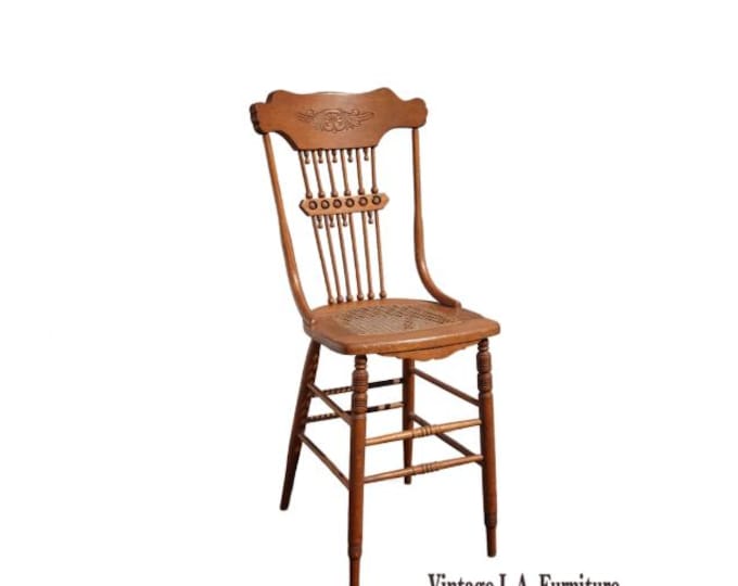 Antique Oak Cane Barstool Counter Stool French Country w Unique Spindle Backrest