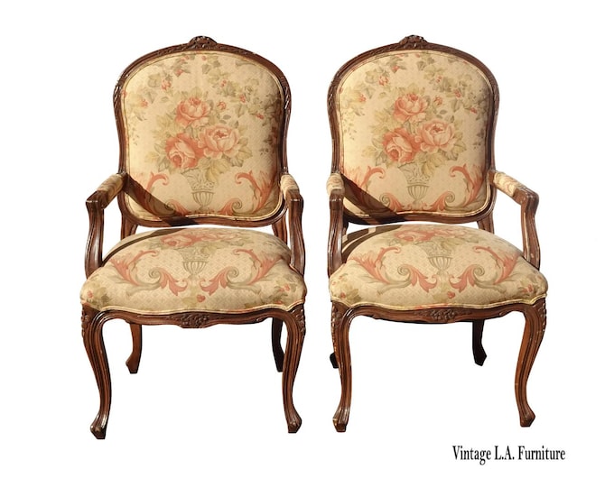 Pair Vintage French Louis XVI Style Brown Floral Side Chairs
