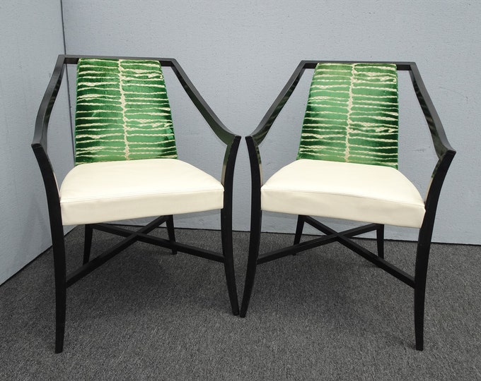 Pair of Italian Rubelli Casa Leather Green & White Side Chairs Made in Italy