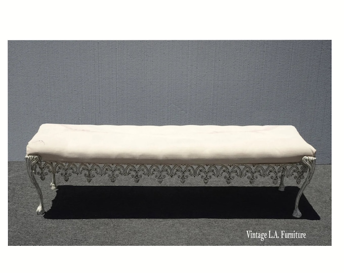 1960s Vintage French Hollywood Regency Bed Side White Bench W Cast Iron Skirt