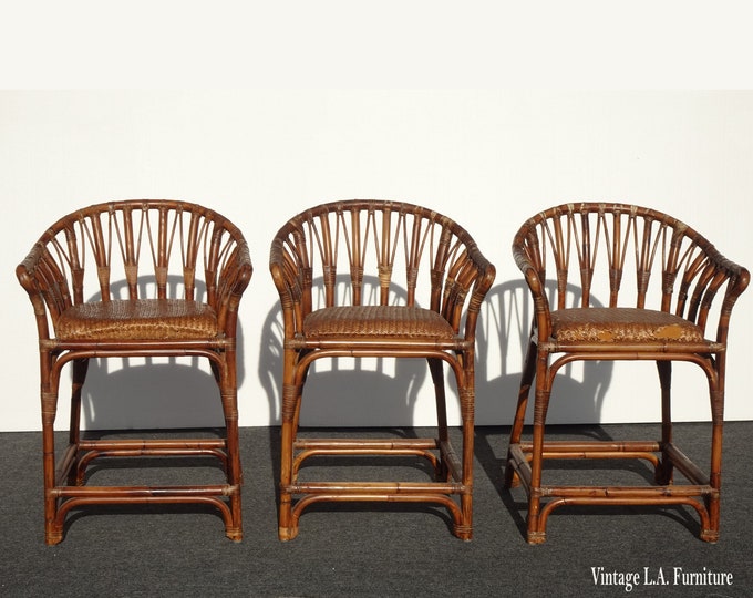 Set of Three Bamboo Barstools Brown Mid Century Palm Beach Style Bar Stools Asis