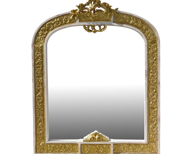 Antique French Louis XVI Baroque Style Solid Wood Gold & White Rustic Mirror