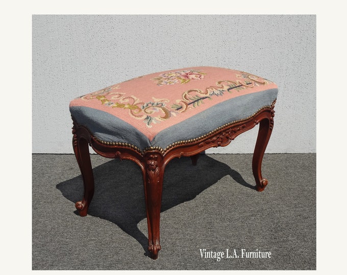 1900s Antique French Louis XVI Stool Bench Pink Tapestry Serpentine Cabriole Leg