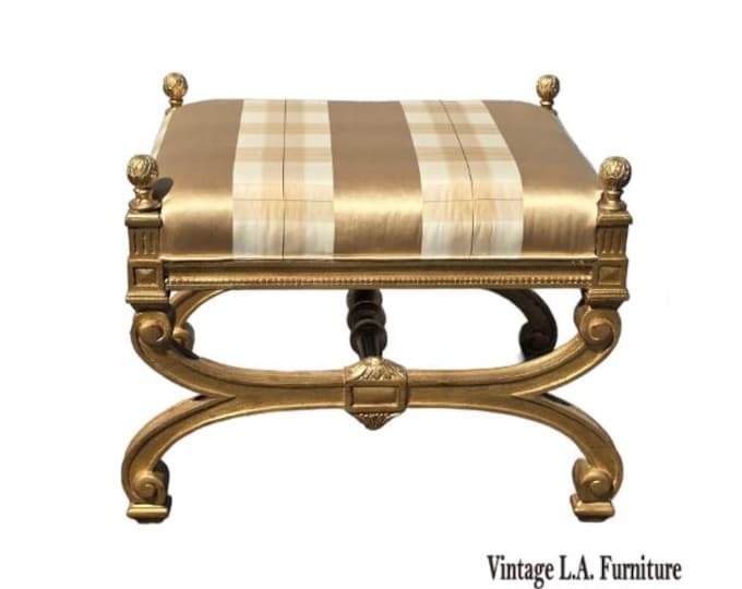 Vintage French Provincial Gold Plaid Bench w Gold Finials