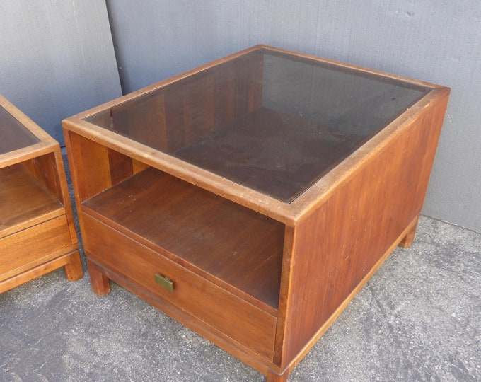 Vintage Danish Mid Century Modern Walnut End Table w Smokey Glass