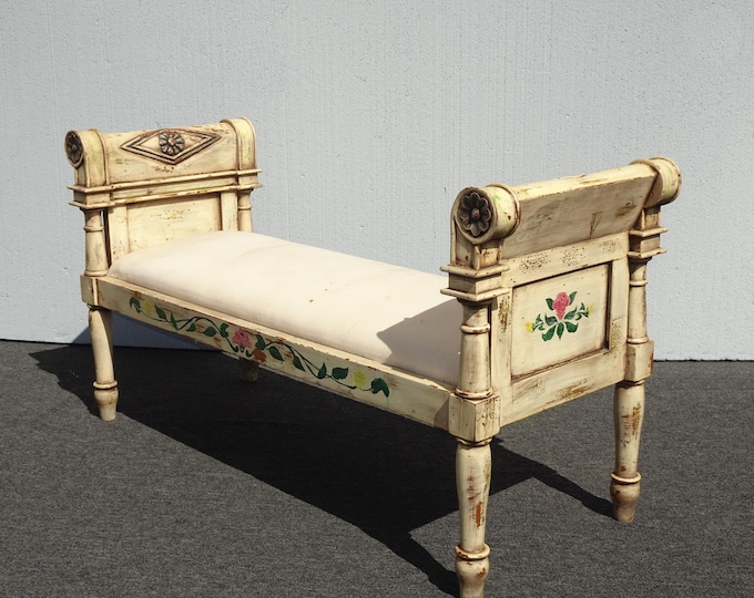 Vintage French Country Creme White Bench ~ Hand Painted Antique Finish Floral