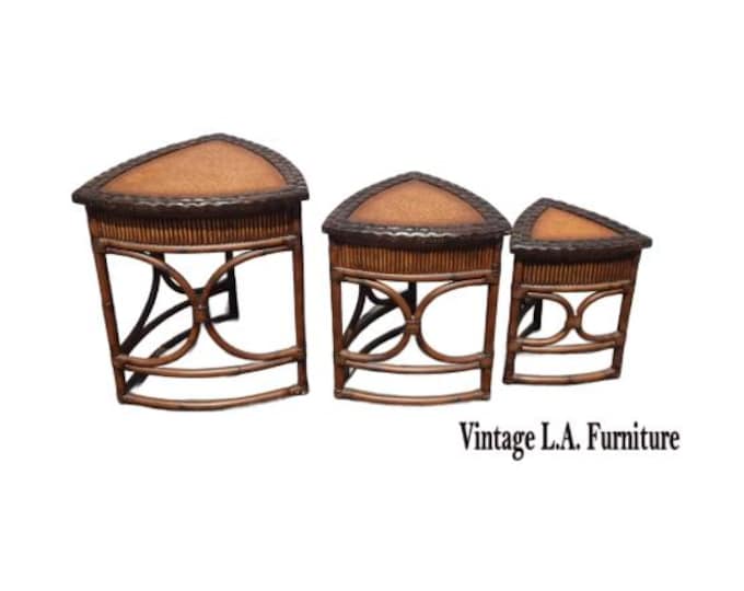 Three Vintage Bamboo Rattan Leather Ostrich Nesting Tables French Country LH2