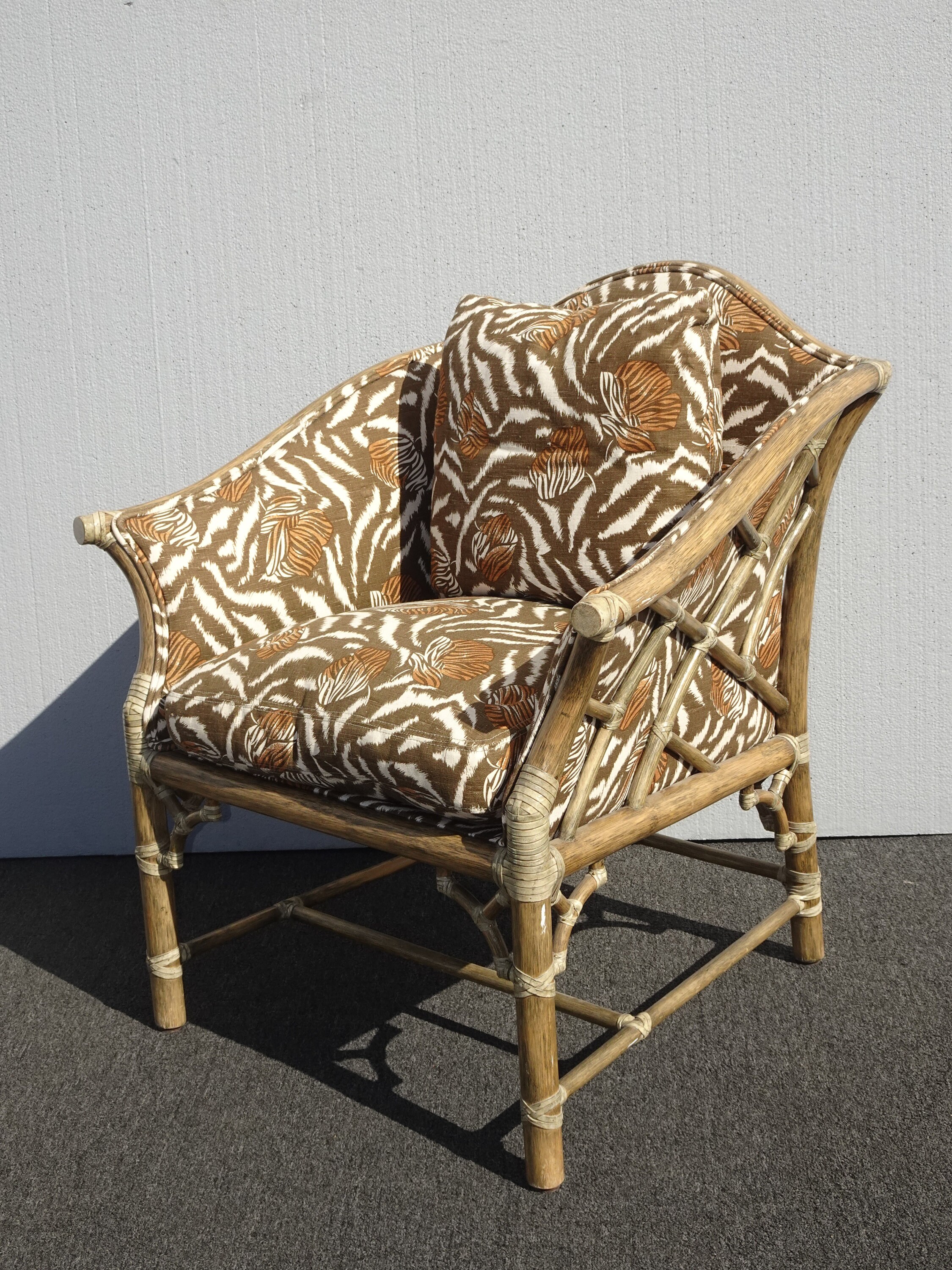Pair Vintage McGuire Mid Century Bamboo Rattan Zebra Print Accent Chairs - Bob Hope Estate