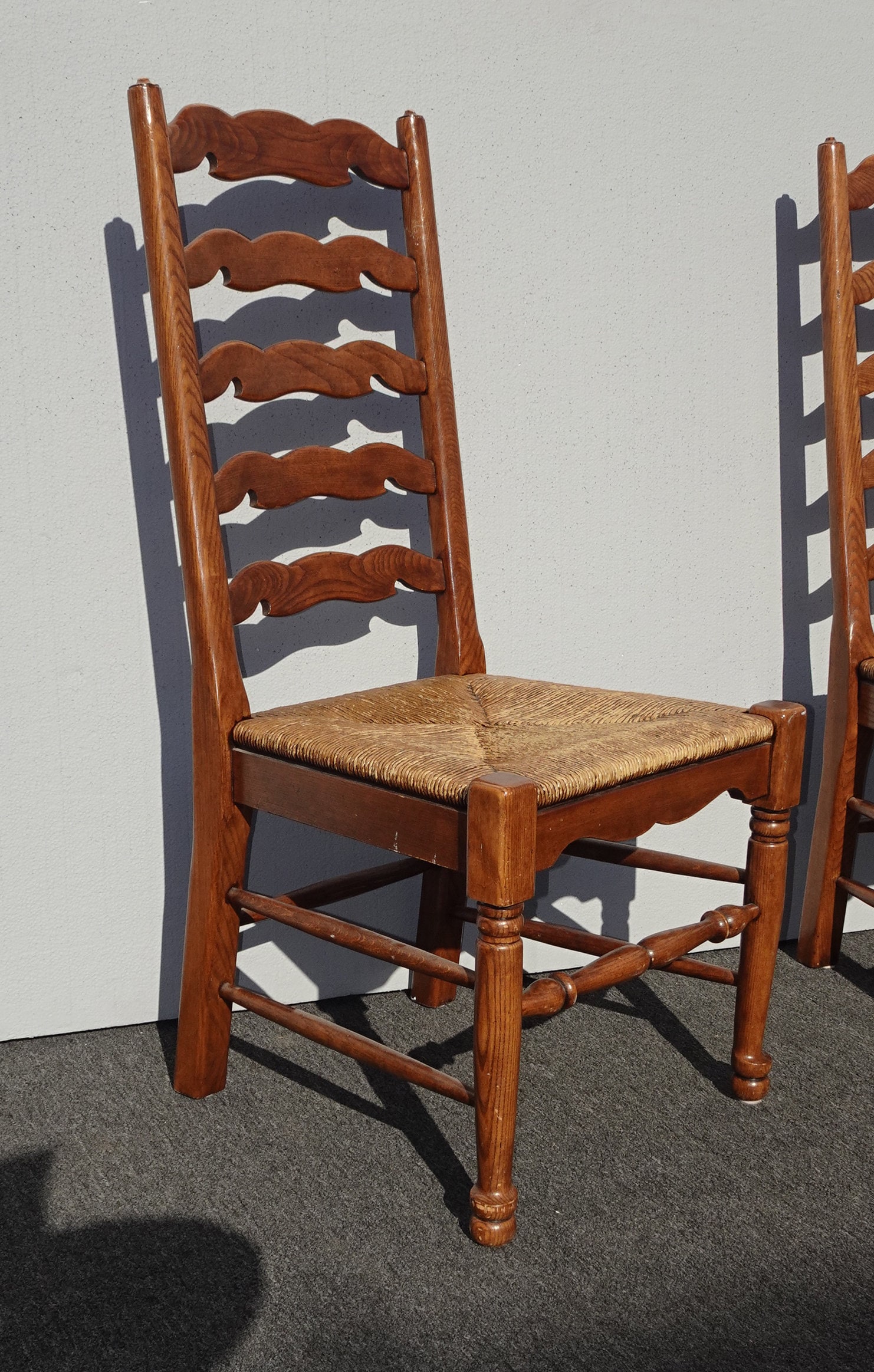 Set Four Vintage French Country Oak Ladderback Dining Chairs Ladder