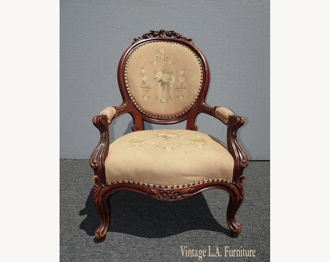 Antique Victorian Tan Floral Tapestry Needlepoint Carved Chair