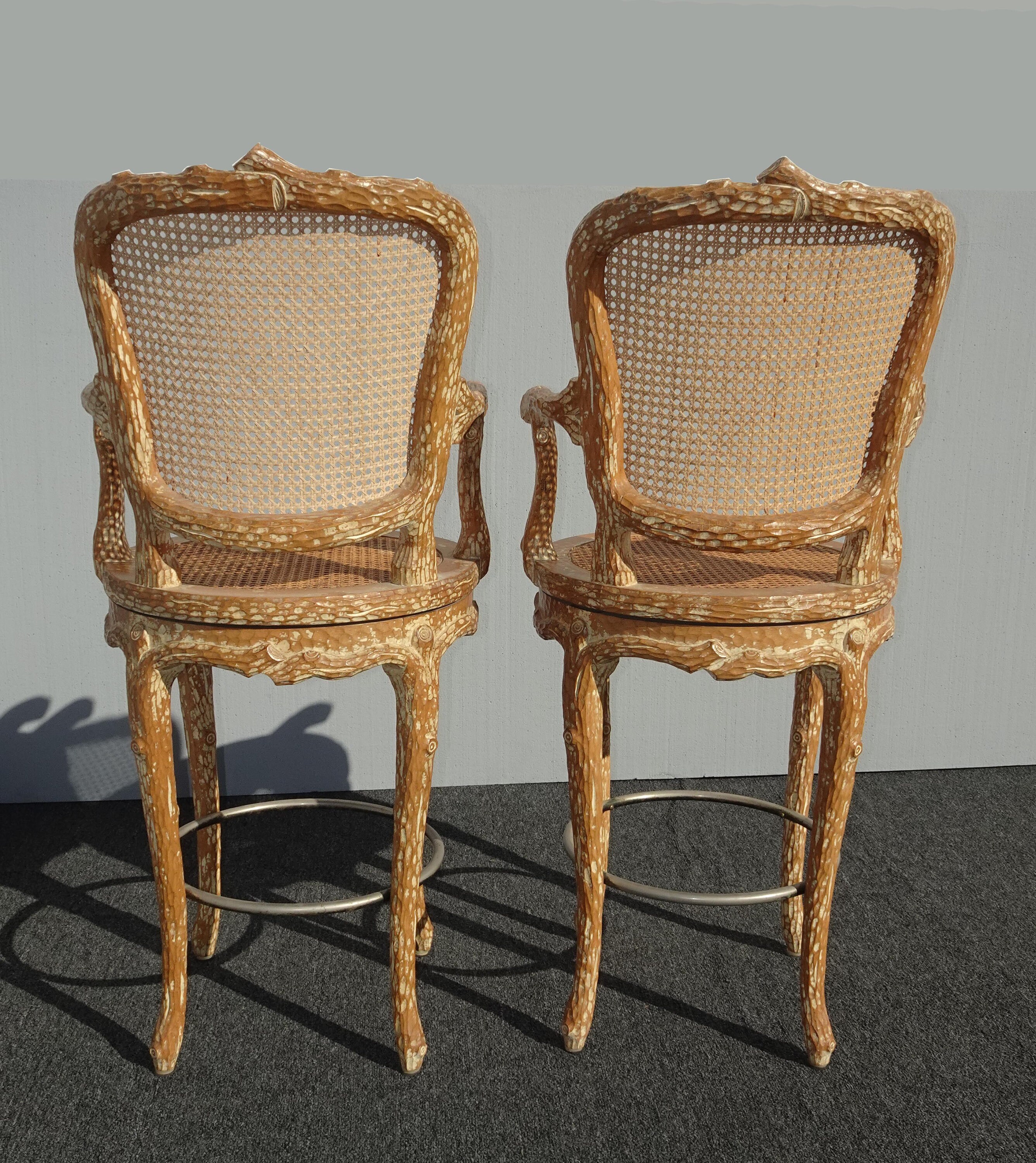 Pair Vintage French Country Cane w Crackle Finish Golden Brown Swivel Bar Stools