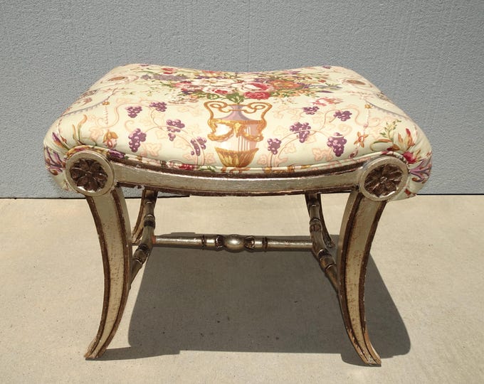 Vintage French Country Floral Bench w Silver Gilt Base 1 of 2