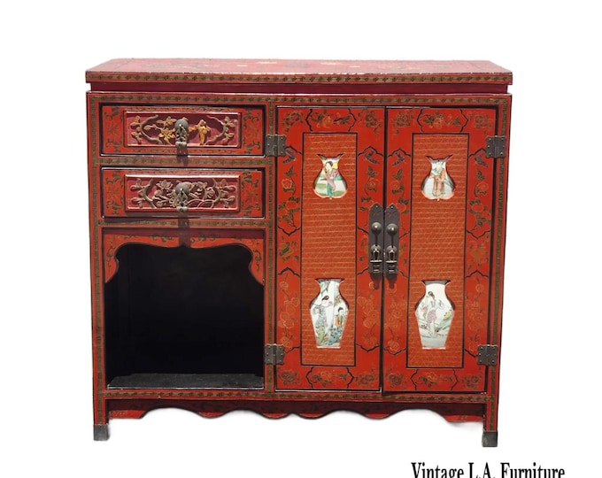 Vintage Chinese Asian Red Lacquer Storage Cabinet w Stone Decorative Inlay