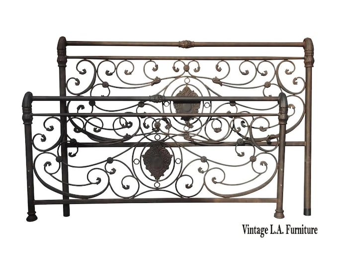 Brown Metal King Sleigh Bed Set Frame Headboard Medalion and Ornate Scrolls