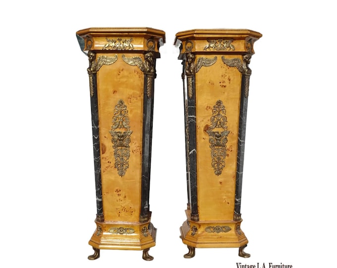 Pair of Antique French Empire Gold Ormolu Mottled Marble Pedestals Stands