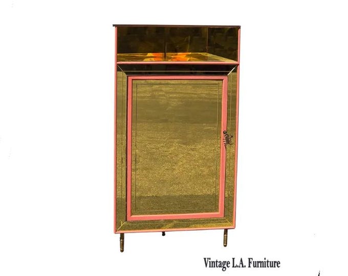 Vintage Mid Century Hollywood Regency Corner Mirrored Pink Cabinet Side Table