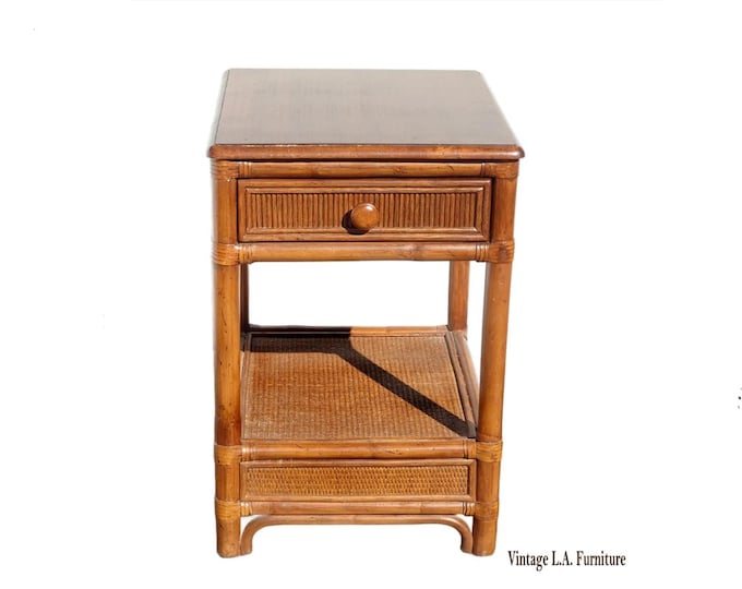Vintage French Country Bamboo Rattan Side Table End Table w Drawer