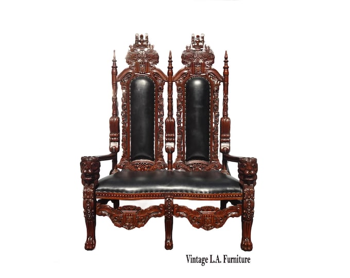 Unique Highly Carved Lion King Throne Leather Settee Chair w Lion Handrests