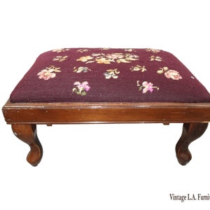Vintage Burgundy Footstool w Floral Tapestry Needlepoint Fabric