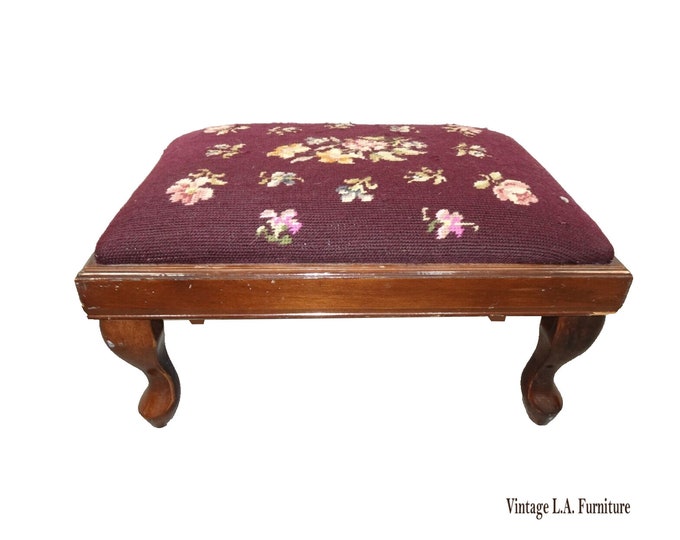 Vintage Burgundy Footstool w Floral Tapestry Needlepoint Fabric