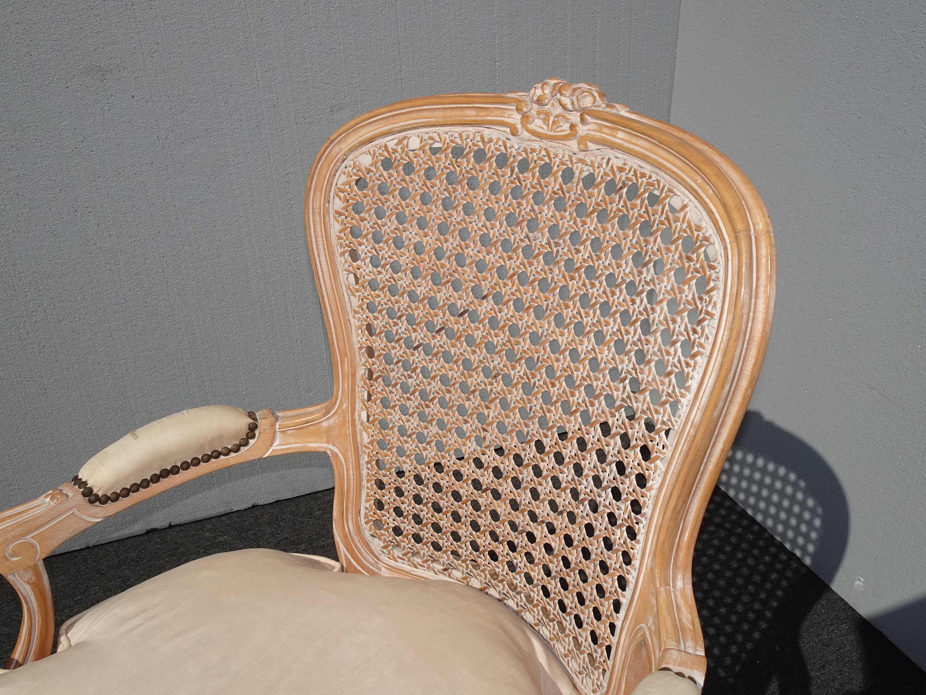 Vintage French Country White Cane Accent Chair w Down Feather Cushion