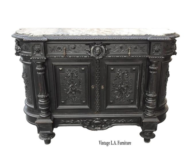 Antique French Renaissance Ebonized Baroque Marble Sideboard Buffet France 1of2