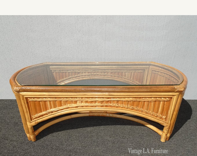 Vintage Bamboo Rattan Coffee Table Tiki Palm Beach Style French Country Style