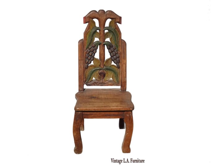 Vintage Rustic Country Style Side Chair w Carved Fruit Backrest