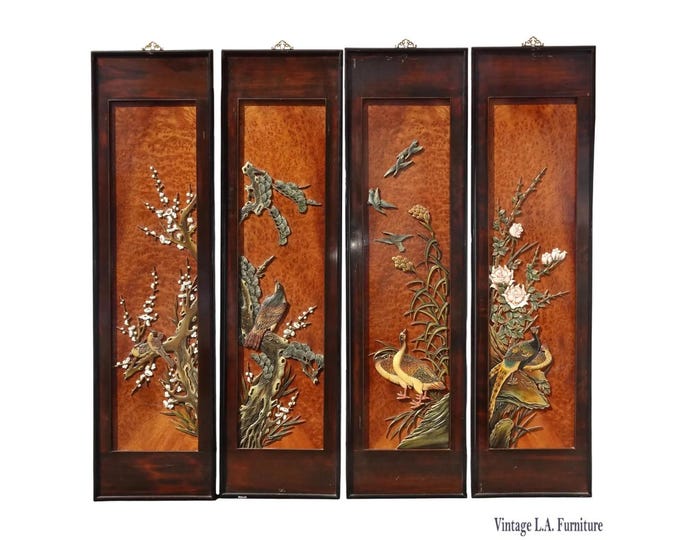 Set Four Vintage Oriental Carved Brown Chinese Panel Screen Wall Decor w Brass