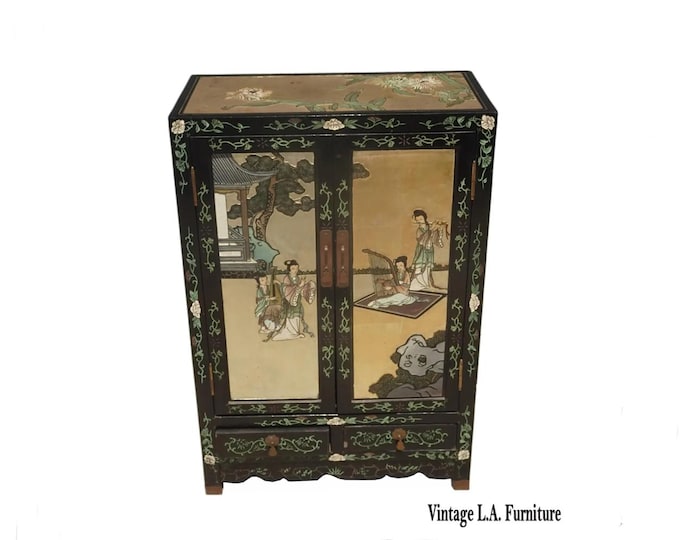 Vintage Chinese Asian Chinoiserie Gold Silver Storage Cabinet Side Table #V23