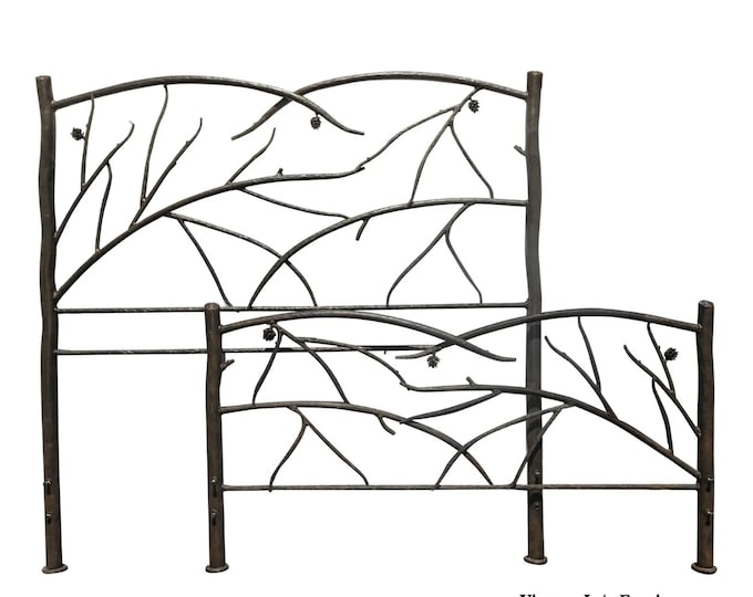 Vintage Evergreen Cones Black Iron Tree Branch Queen Bed Frame Headboard & Footboard