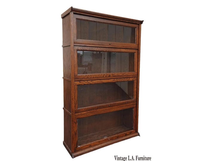 Vintage Oak Barrister Lawyers Bookcase Four Shelves w Glass Doors ~ Mid Century