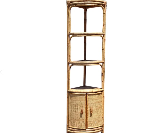 Vintage French Country Bamboo Rattan Corner Shelf Cabinet ~ Cupboard Bookcase