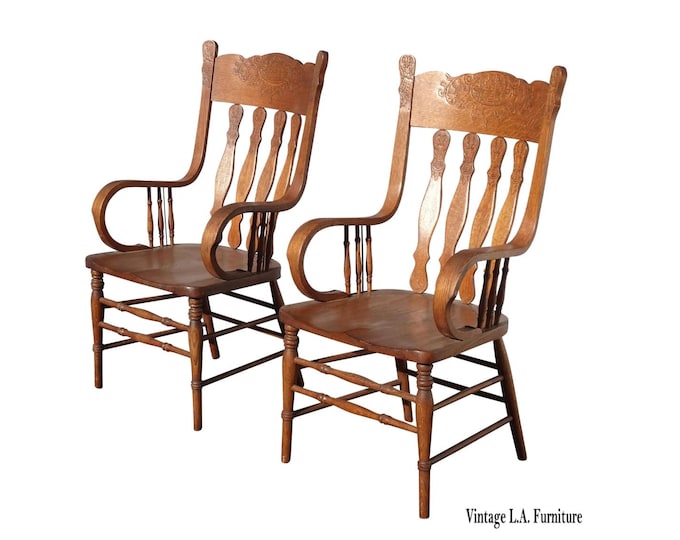 Pair Vintage French Country Farmhouse Pressback Oak Side Chairs w Rolled Armrests