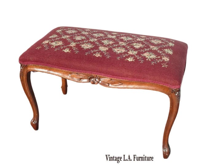 Vintage French Provincial Burgundy Needlepoint Tapestry Bench w Floral Design