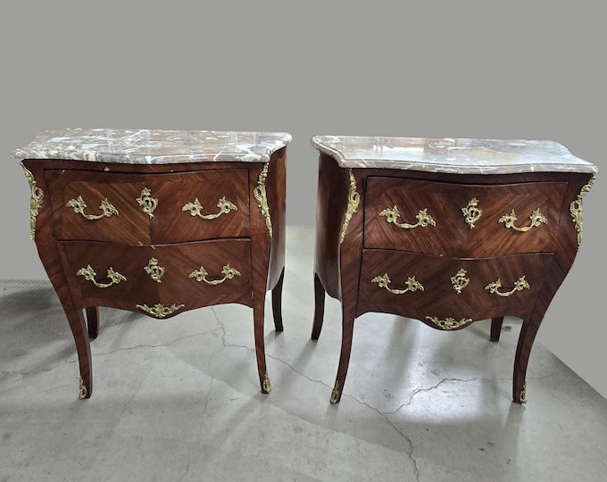 Antique French Louis Marble Bombe Nightstands w Brass Ormolu Hardware