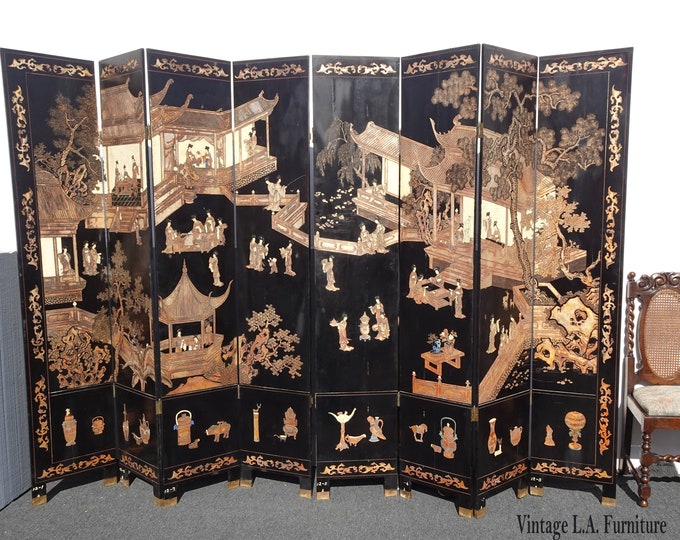 Vintage Oriental Asian Ming Styl Coromandel Chinoiserie Black Eight Panel Screen