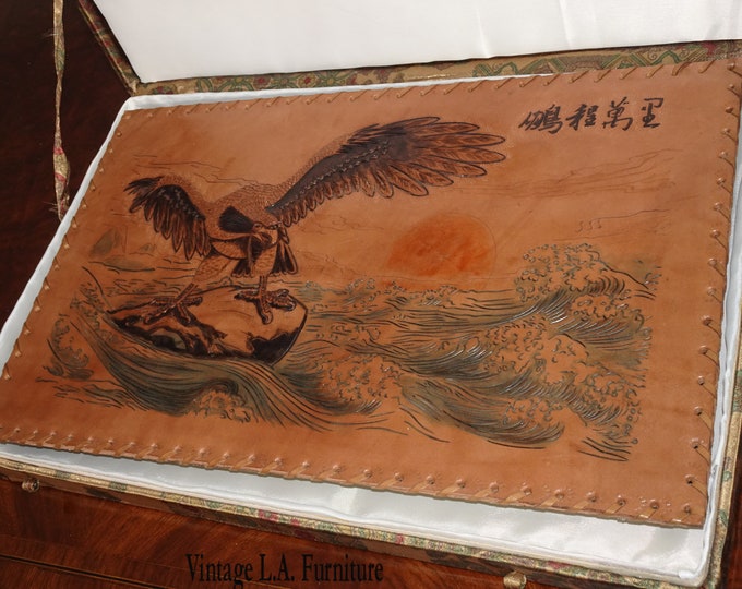 Embossed Leather Picture of Eagle Perched on top of Roaring Waves Made in Italy
