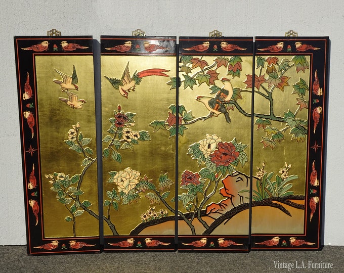 Unique Vintage Gold Oriental Asian Four Panel Wall Screen Picture Birds Flowers