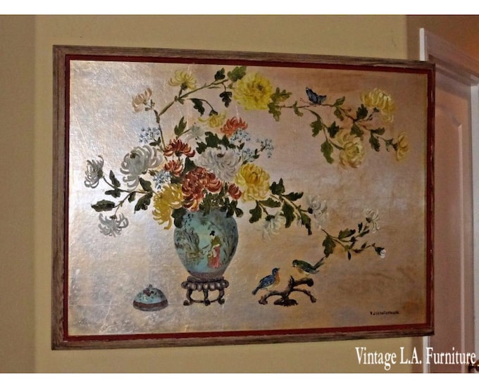 Vintage Oriental Asian Silver Gilt Floral Picture Painting on Board Signed R.J. Schellenbach