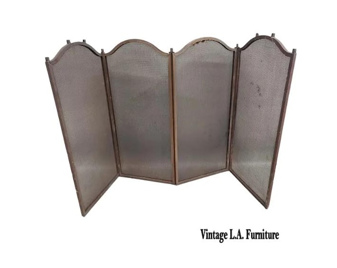 Vintage French Country Bronze Four Panel Fireplace Screen