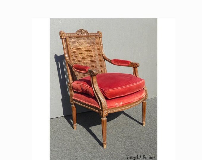 Vintage French Provincial Red Velvet Arm Chair with Cane Back Goose Down Fill