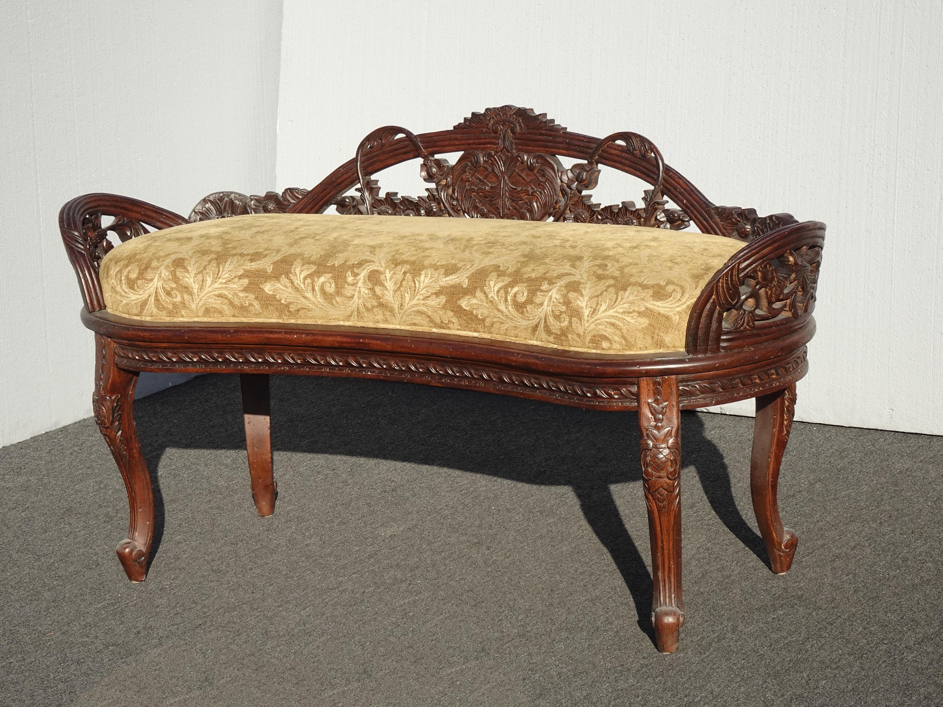 Vintage French Country Low Profile Ornately Carved Gold Settee Bench