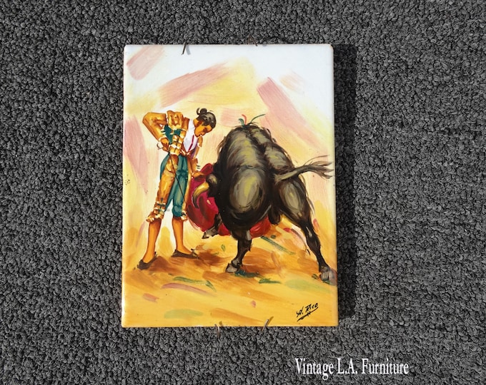 Vintage Hand Painted Tile signed by H. Rico with Bull Fighter Matador and Bull