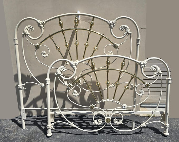 Vintage French Elliott's Designs White Iron Full Bedframe Headboard w Fb #5