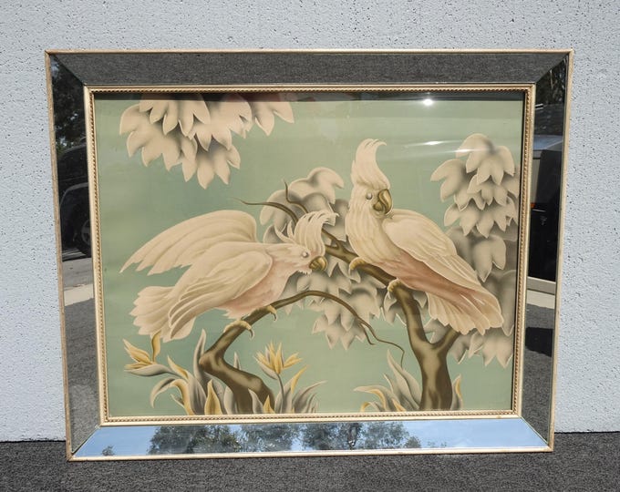 Vintage Mid Century Cockatoos Lithograph Picture Print by Turner in Mirror Frame